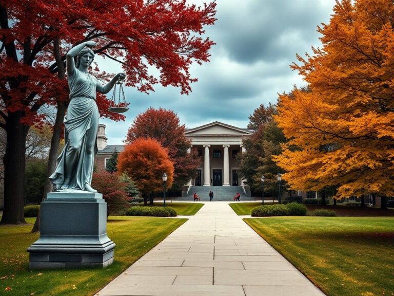 Flick International A stone statue of justice on a university campus path leading to a grand library.