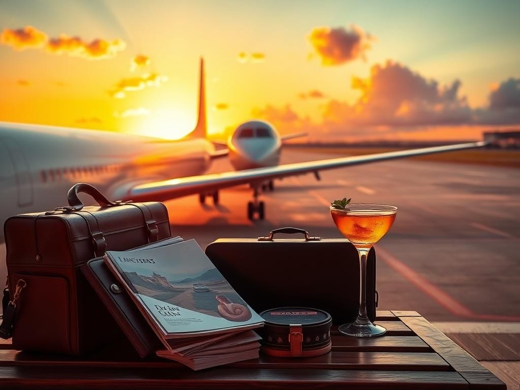 Flick International Vintage-style airplane at a serene airport scene during golden hour