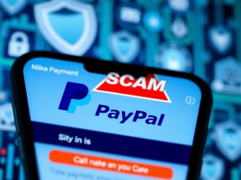 Flick International Close-up view of a smartphone displaying PayPal interface with a scam alert
