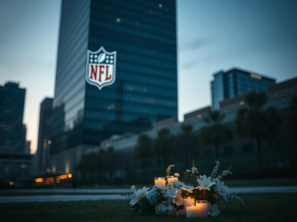 Flick International somber view of NFL headquarters building at dusk with floral memorial