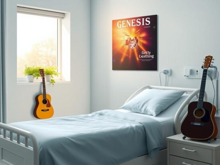 Flick International A serene hospital room symbolizing recovery with a guitar and Genesis concert poster.