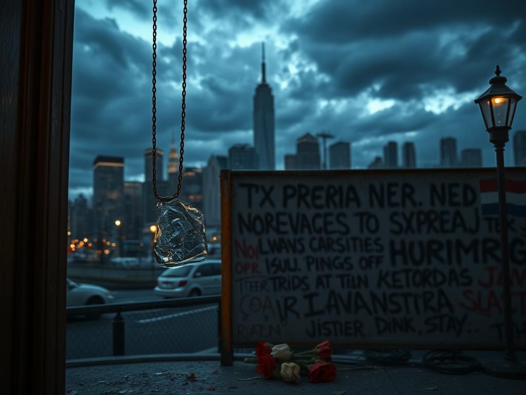 Flick International A somber urban scene depicting the New York City skyline at dusk with a shattered glass mezuzah symbolizing safety concerns in the Jewish community.