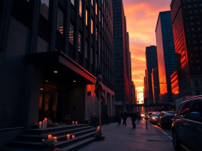 Flick International Exterior view of a Manhattan office building at sunset with memorial elements for fallen officer Didarul Islam