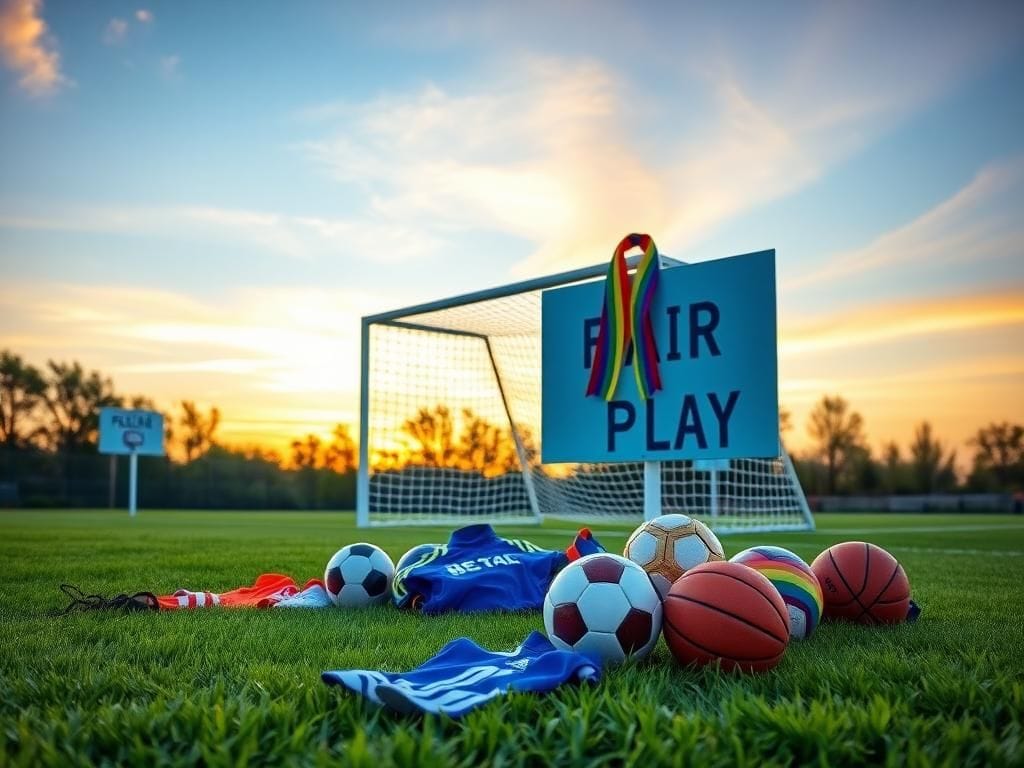Flick International Lush sports field at dawn with soccer goal and basketball court