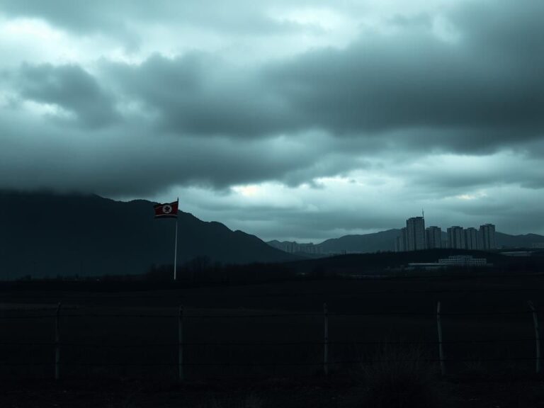 Flick International Dramatic view of the Korean Peninsula showcasing the DMZ with a barbed-wire fence and contrasting landscapes