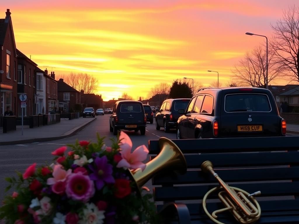 Flick International A serene sunset over Birmingham with classic hearses and floral tributes for Ozzy Osbourne's funeral