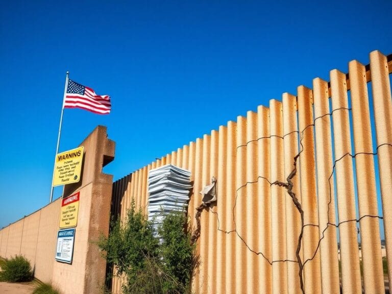 Flick International Close-up of a weathered, cracked border wall against a clear blue sky with warning signs