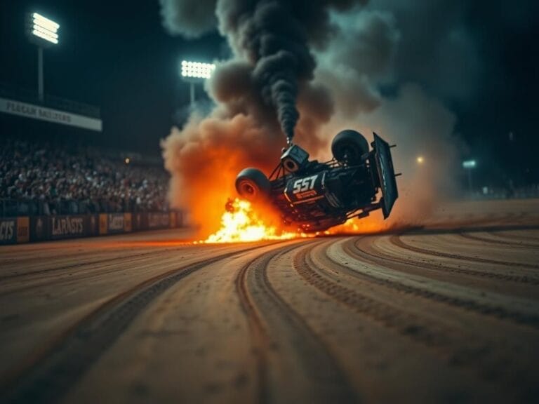Flick International NASCAR driver Stewart Friesen's vehicle catches fire after a dramatic flip during a Super DIRTcar Series race