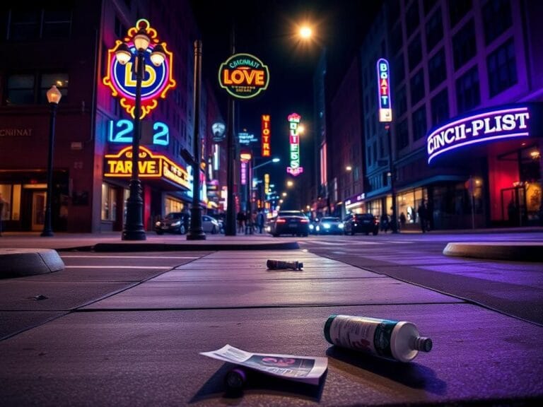 Flick International Nighttime scene of a downtown Cincinnati street corner with a nightlife atmosphere and discarded items, suggesting chaos