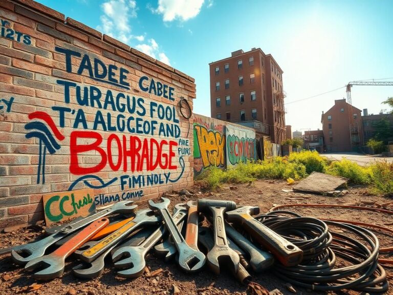 Flick International Urban scene showcasing a community in need of skilled tradespeople with tools and graffiti