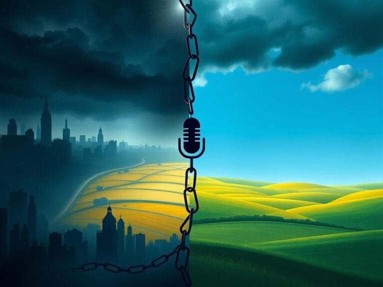 Flick International Dramatic split landscape symbolizing the clash between online safety and freedom of speech in the U.K.