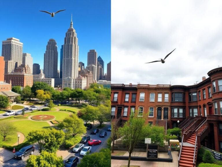 Flick International Split landscape image contrasting a wealthy neighborhood with luxury buildings and a struggling area with older brownstones in New York City.