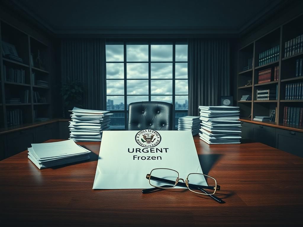 Flick International A dimly lit office space with a wooden desk cluttered with legal papers and a federal seal.