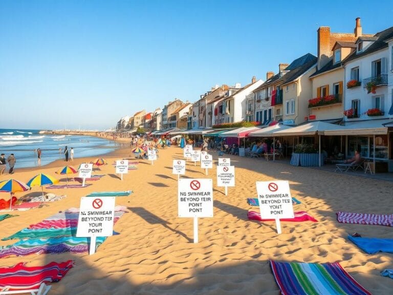 Flick International A scenic view of Les Sables-d’Olonne beach showcasing colorful beach towels and umbrellas with a clear warning sign about swimwear restrictions.
