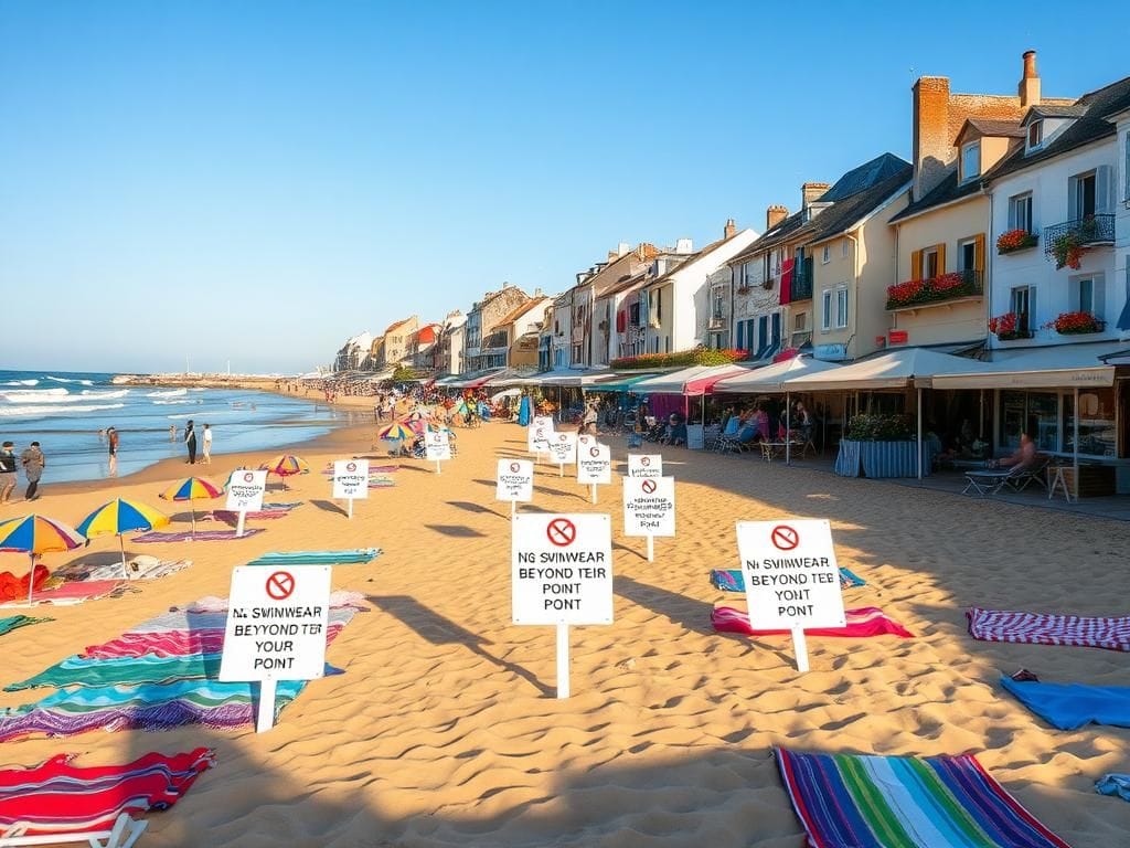 Flick International A scenic view of Les Sables-d’Olonne beach showcasing colorful beach towels and umbrellas with a clear warning sign about swimwear restrictions.