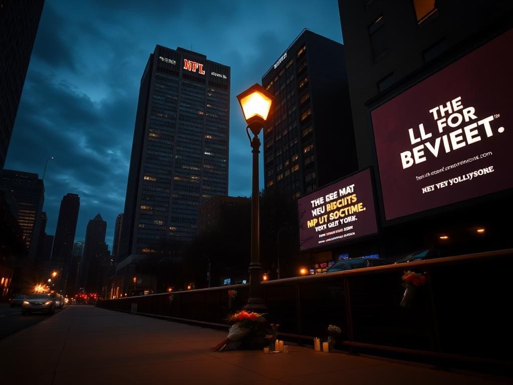Flick International High-rise building of NFL headquarters in NYC at dusk with memorial flowers and candles