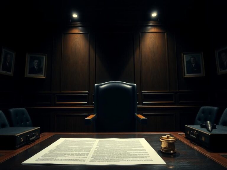 Flick International Dimly lit congressional hearing room with an empty witness chair, symbolizing tension and secrecy