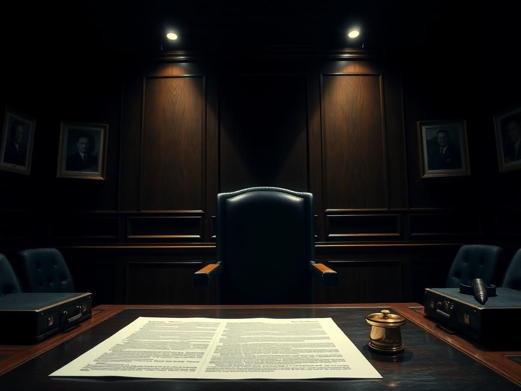 Flick International Dimly lit congressional hearing room with an empty witness chair, symbolizing tension and secrecy