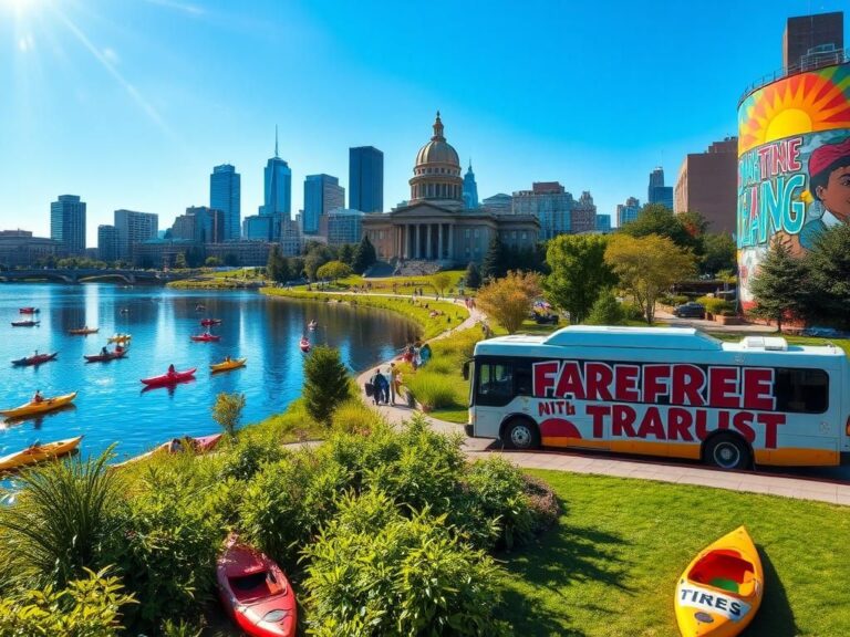 Flick International Colorful urban scene of Minneapolis with skyline reflected in the lake, vibrant parks, and political banners