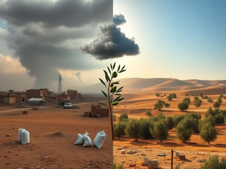 Flick International A split landscape showing Gaza's destruction and the West Bank's serene beauty