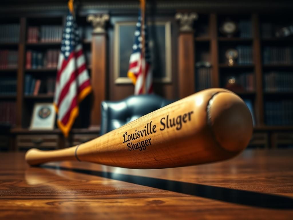 Flick International Close-up of a Louisville Slugger baseball bat against a polished wooden desk in a congressional office setting