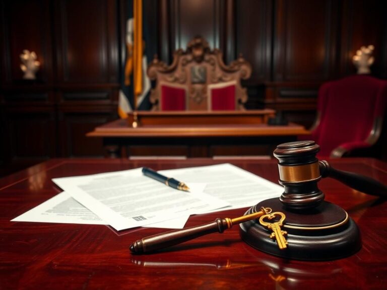 Flick International A dimly lit courtroom scene depicting a high-profile legal battle with a judge's bench and legal documents.