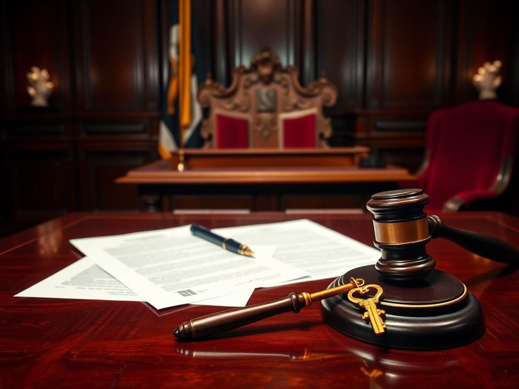 Flick International A dimly lit courtroom scene depicting a high-profile legal battle with a judge's bench and legal documents.