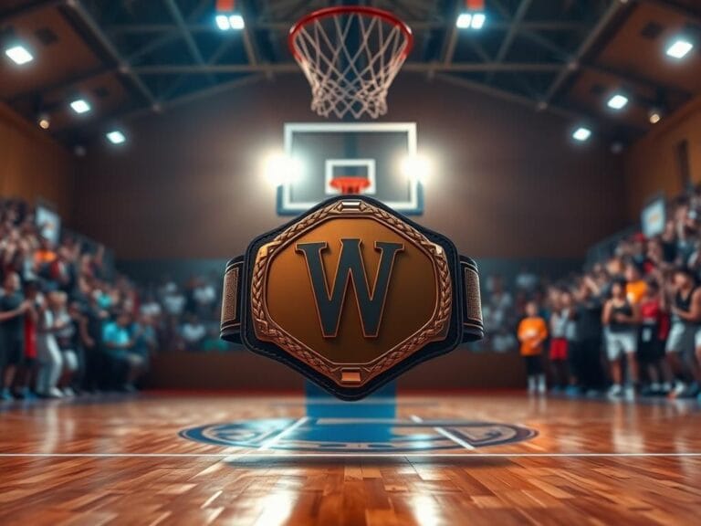 Flick International A dynamic basketball court featuring a basketball and wrestling championship belt, symbolizing the crossover of sports.