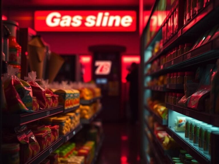 Flick International Dark convenience store aisle filled with brightly colored fruit-flavored gummies and ice cream cones, hinting at hidden dangers for children and teens.