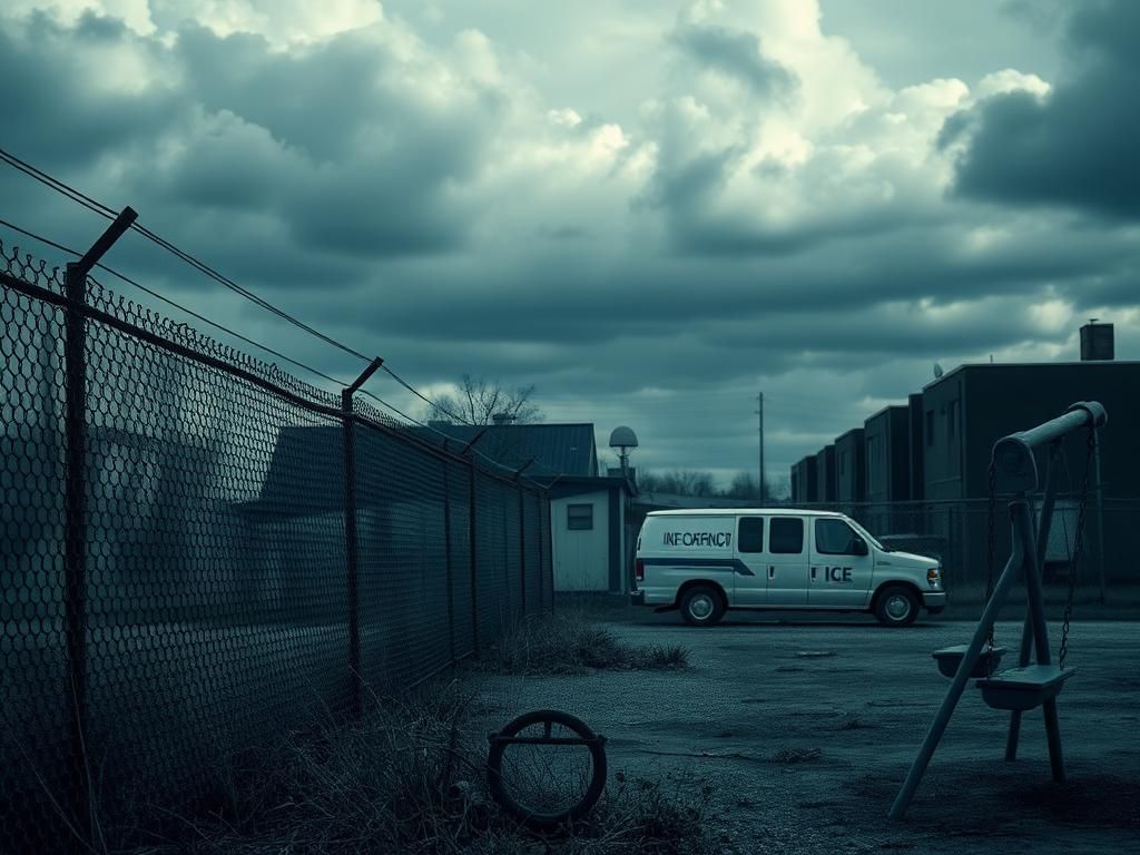 Flick International Abandoned playground with rusted swing sets and a chain-link fence symbolizing confinement