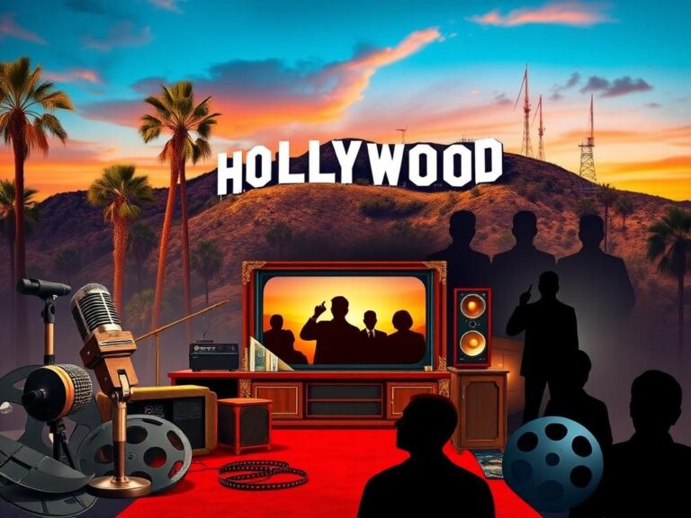 Flick International A vibrant collage depicting Hollywood symbols like palm trees and the Hollywood sign alongside vintage talk show sets