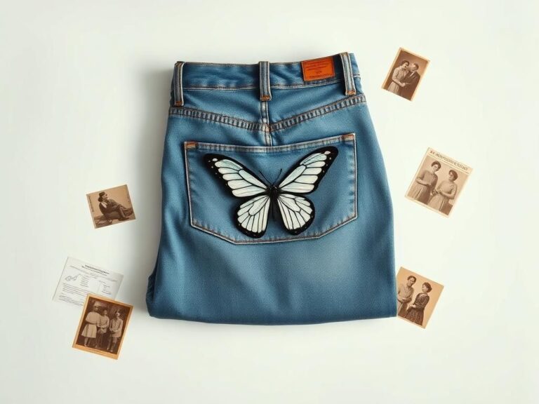 Flick International Close-up of stylish high-waisted jeans with a butterfly motif representing domestic violence awareness