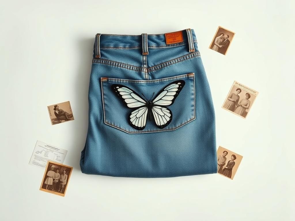 Flick International Close-up of stylish high-waisted jeans with a butterfly motif representing domestic violence awareness