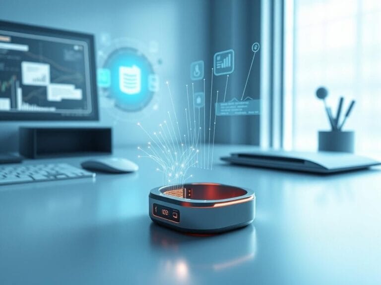Flick International A high-tech gesture control wristband displayed on a modern minimalist desk with glowing circuits and sensors.