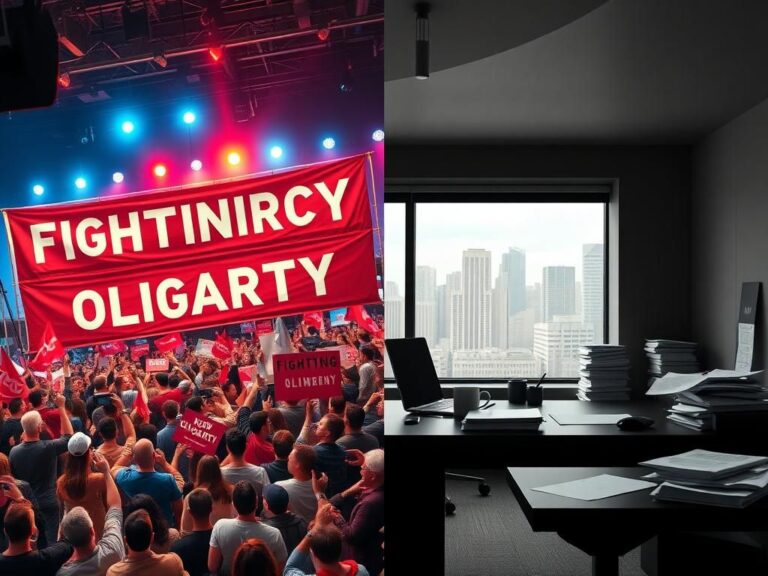 Flick International Split image showing a vibrant political rally on one side and a subdued office space on the other