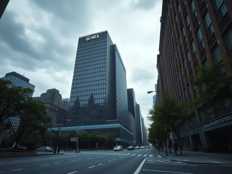Flick International Exterior view of the NFL headquarters building on a cloudy day