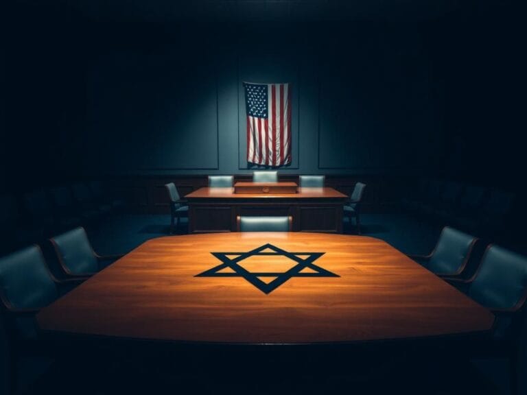 Flick International Congressional hearing room with polished oak table and shadow of Star of David