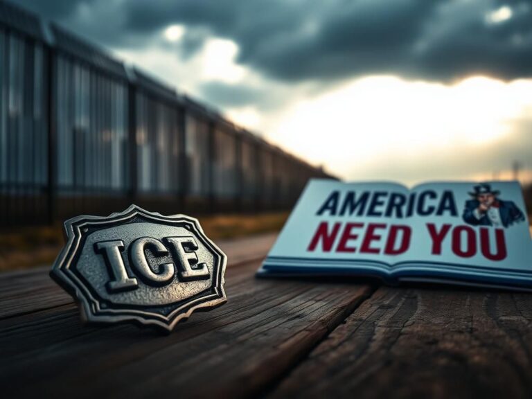 Flick International Close-up of an ICE badge resting on a weathered wooden table with a blurred border wall in the background.