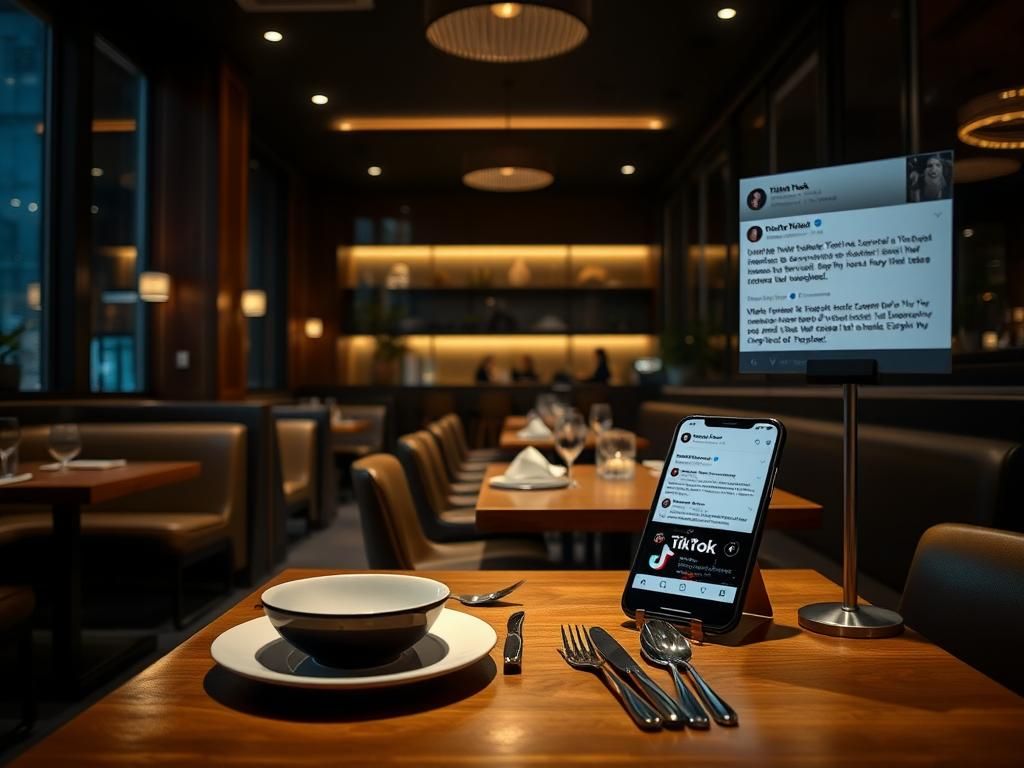 Flick International Upscale café interior with empty dining table and smartphone displaying TikTok video