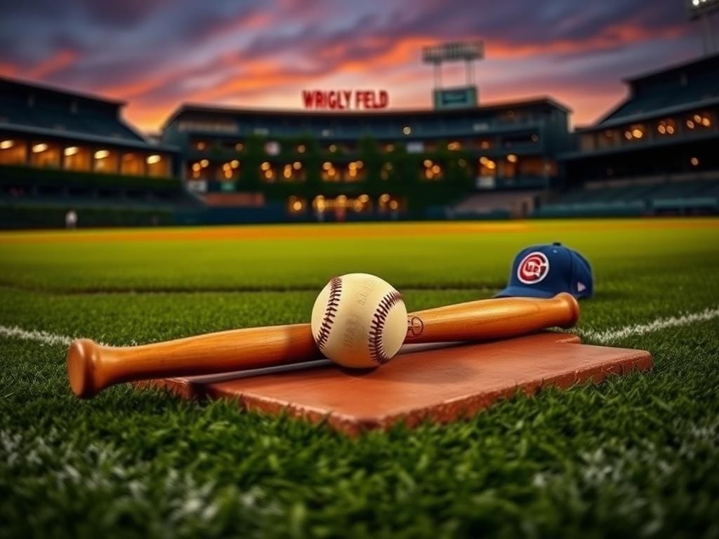 Flick International A serene baseball diamond at twilight with a classic bat and baseball on home plate, reflecting the spirit of the game.