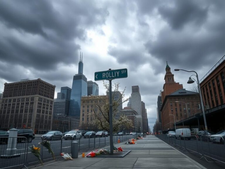 Flick International A somber urban scene in New York City reflecting on a tragic event with police barricades and memorials.