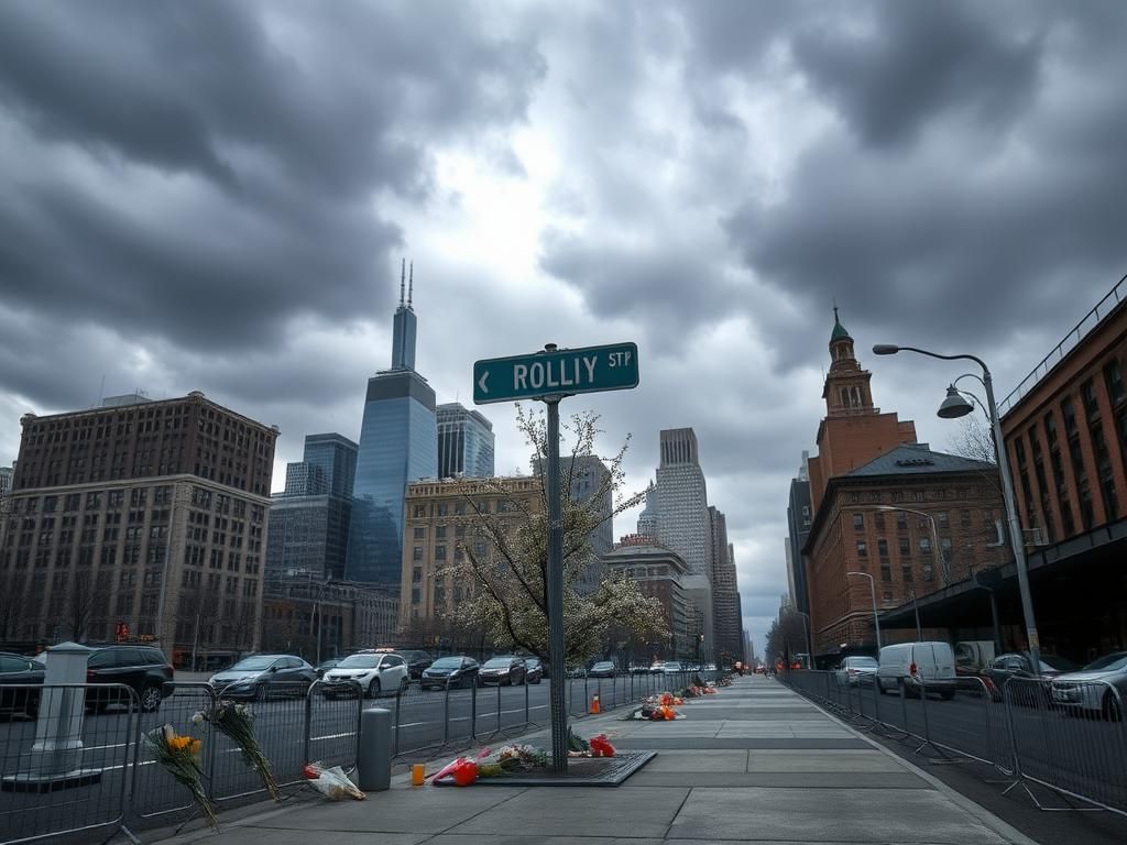 Flick International A somber urban scene in New York City reflecting on a tragic event with police barricades and memorials.