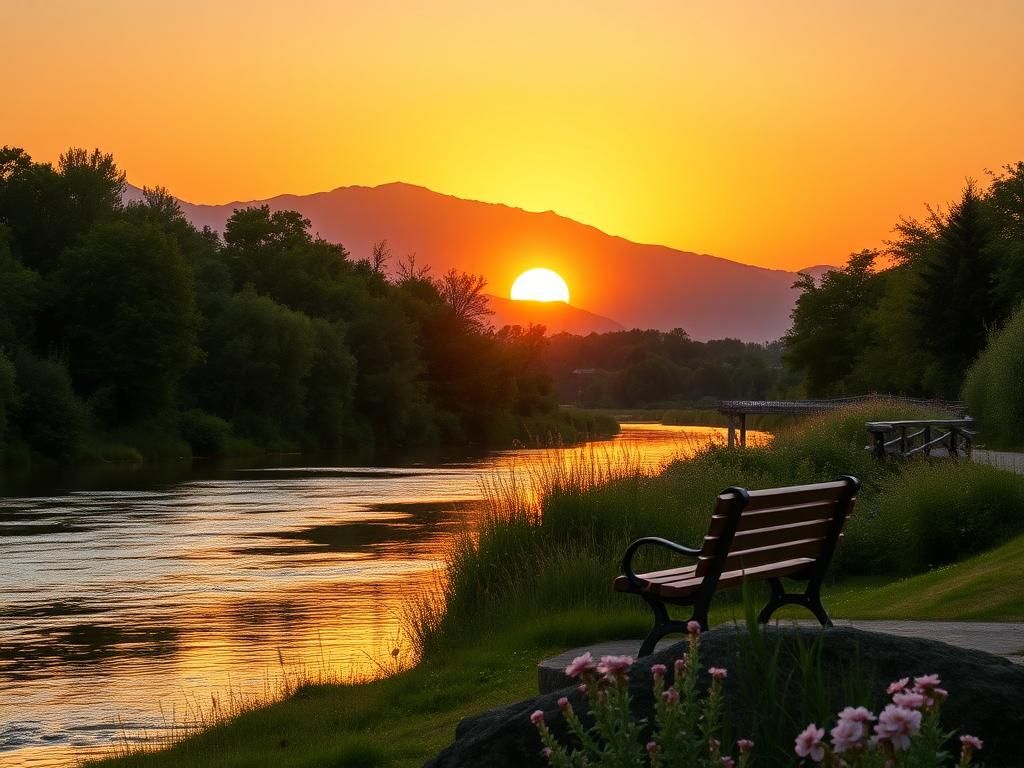Flick International Serene sunset over distant mountains with a peaceful river in the foreground