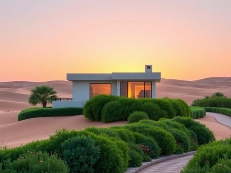 Flick International Serene desert landscape in Dubai with an elegant villa reflecting sunset light