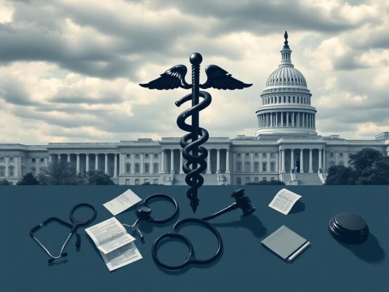 Flick International Crumbling caduceus symbol against a government building backdrop