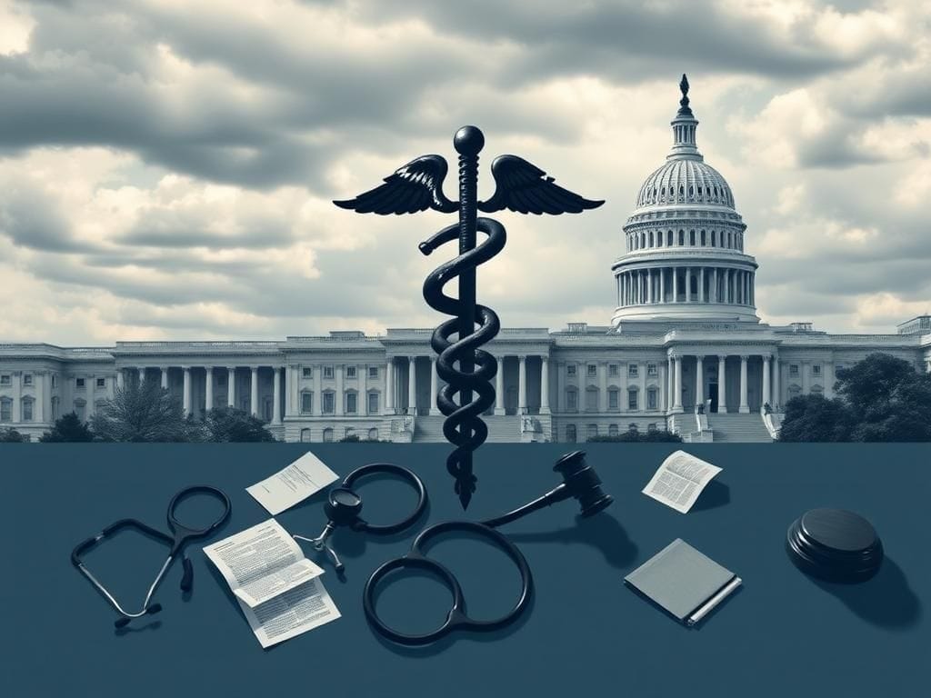 Flick International Crumbling caduceus symbol against a government building backdrop