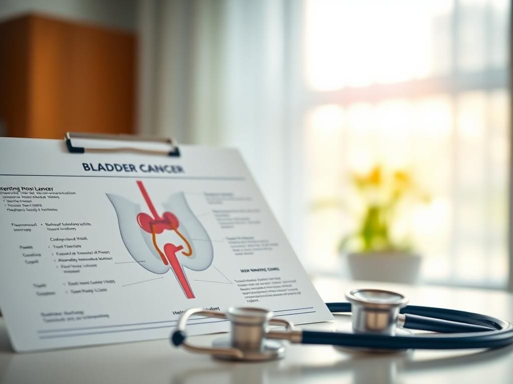 Flick International Close-up of a medical chart showing bladder anatomy and cancer warning signs