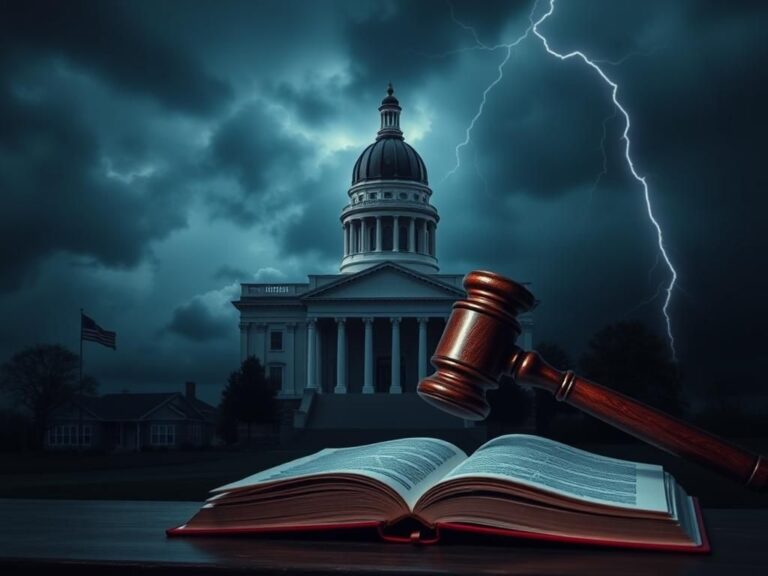 Flick International Dramatic scene of the Maine State Capitol under dark storm clouds symbolizing political tension