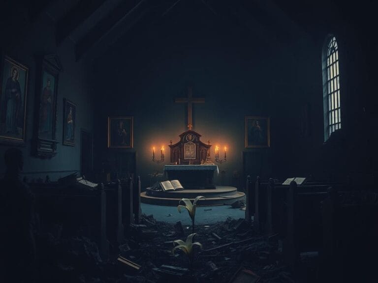Flick International Dark church interior with flickering candlelight and scattered prayer books