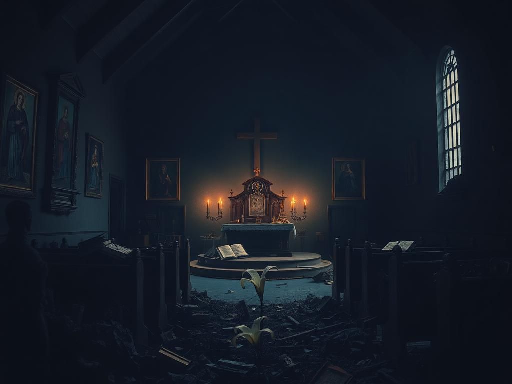 Flick International Dark church interior with flickering candlelight and scattered prayer books